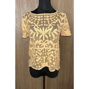 Zara Womens M Boho Semi Sheer Tulle burnt apricot Embroidery Design Romantic Top